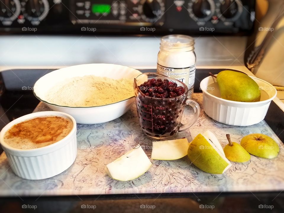 Ingredients for a vegan blueberry pear cobbler baking hobby