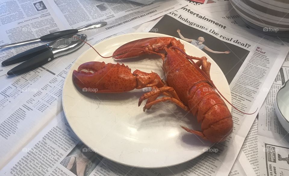 Red, cooked, lobster on plate ready to eat. With nutcracker and utensil on newspaper covered table. 