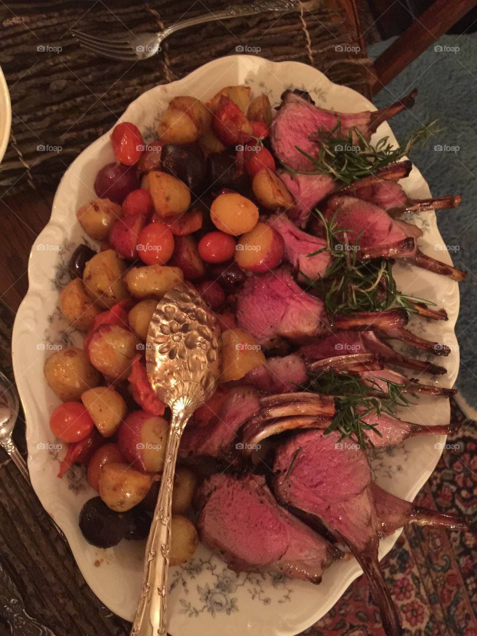 Rack of lamb, mint glaze and baby potatoes with Kalamata olives and sun-dried tomatoes