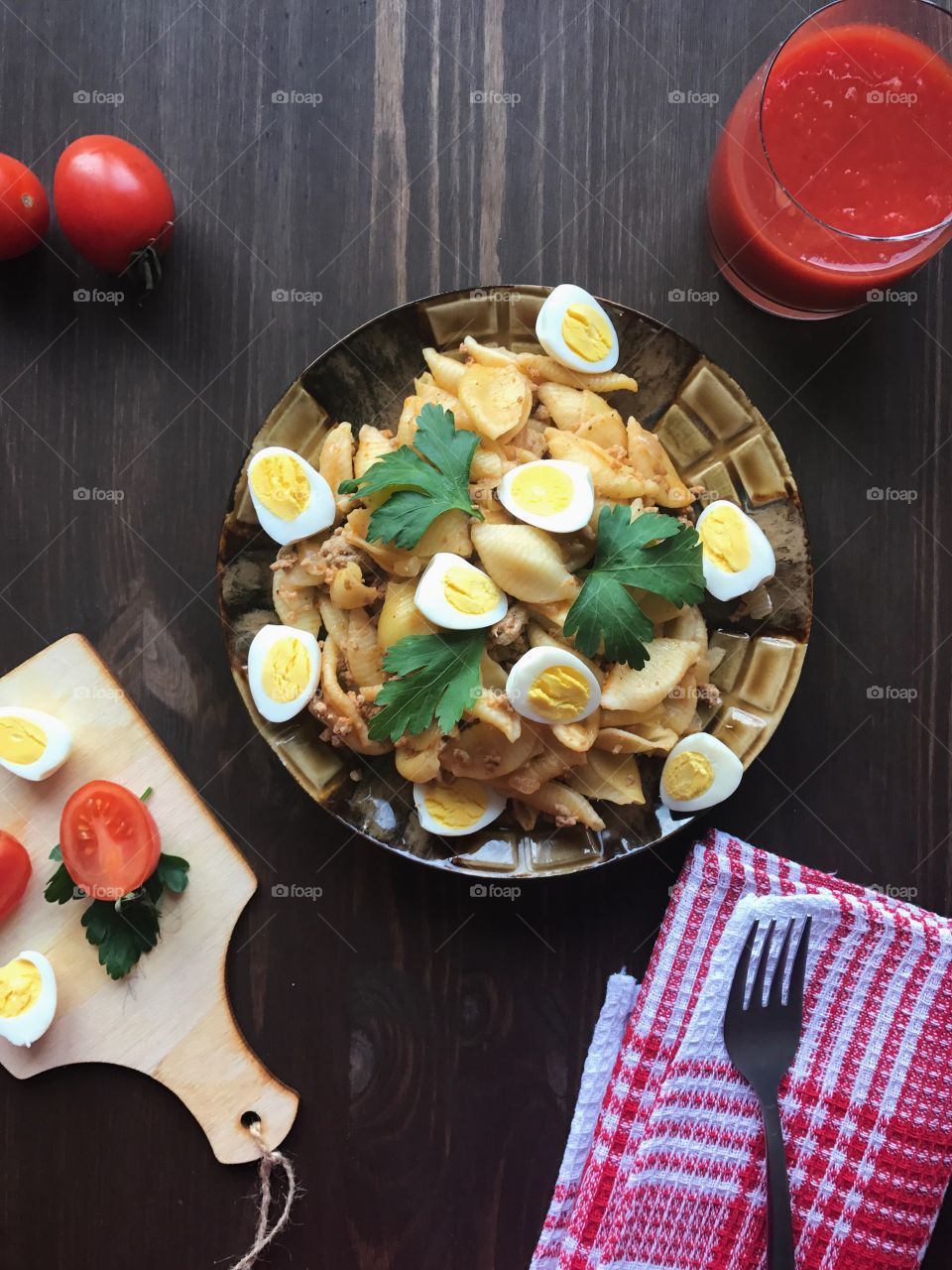 High angle view of pasta with eggs