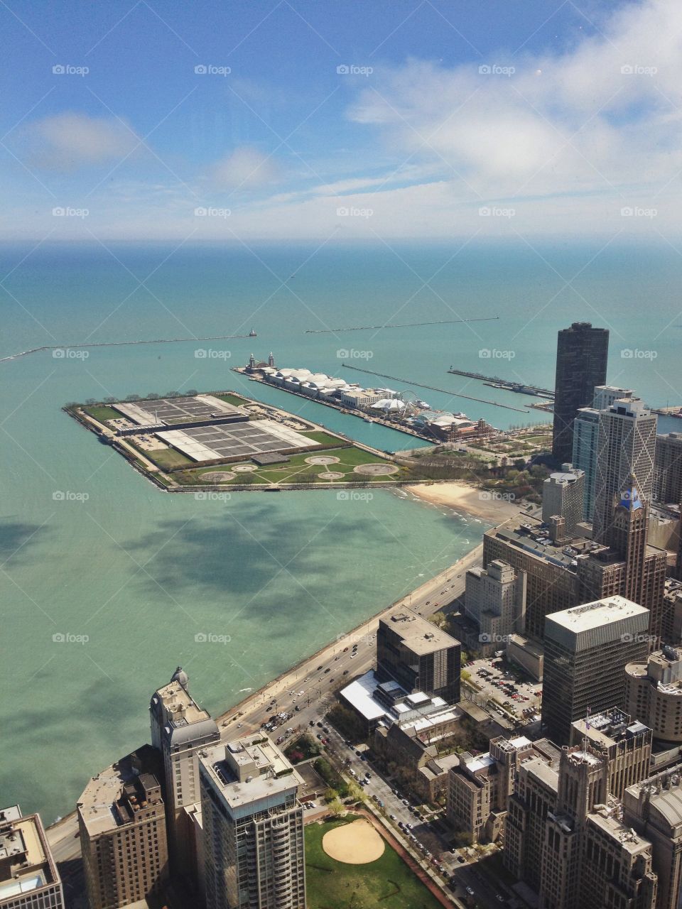 Chicago Skyline. Bird's eye view of Navy Pier and Chicago's Architecture. 
