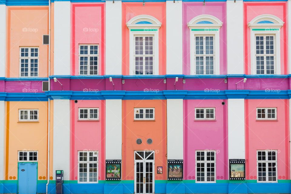 Colorful cinema building in different pastel colors , architecture in Copenhagen Denmark 