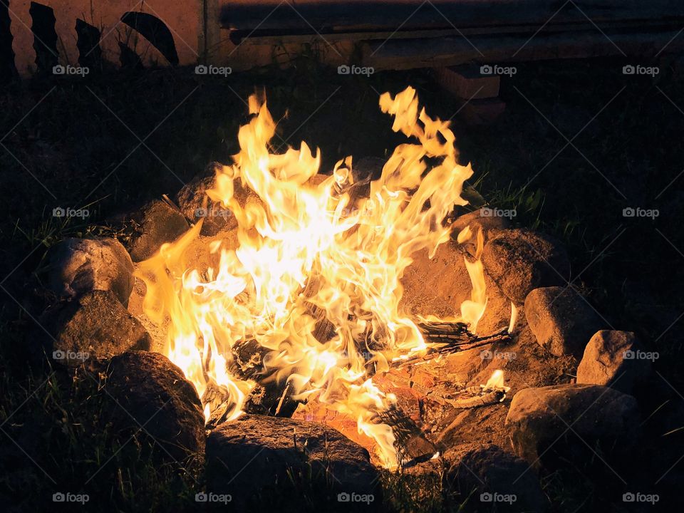 Close up of night campfire