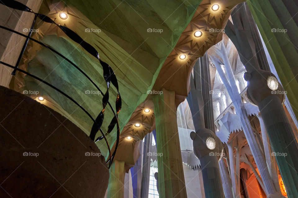 Sagrada Familia Indoors Lights. Contrast between color and white ones
