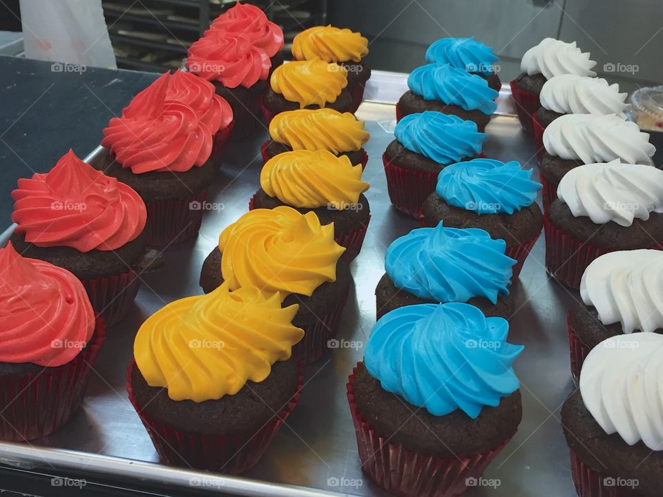Colorful frosted cupcakes seen at a bakery in San Miguel de Allende, Mexico.