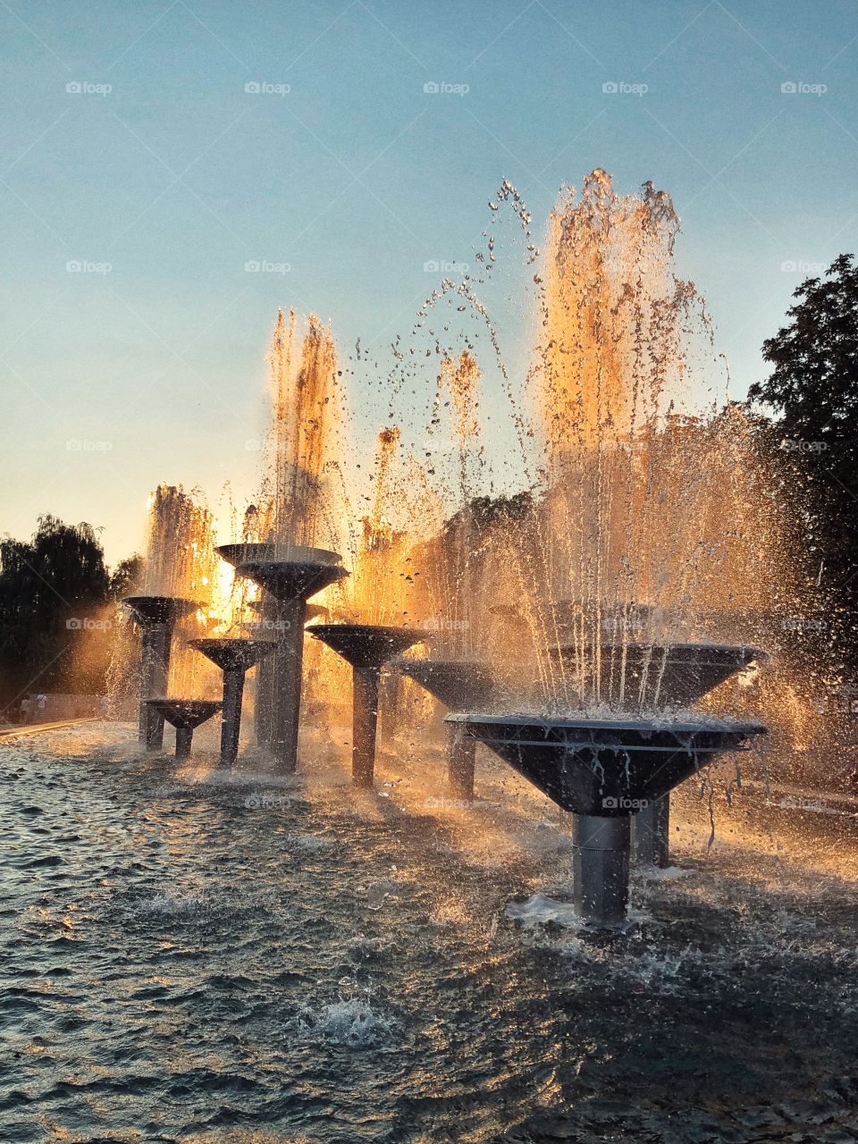 beautiful sunset and modern fountain, Kharkiv city
