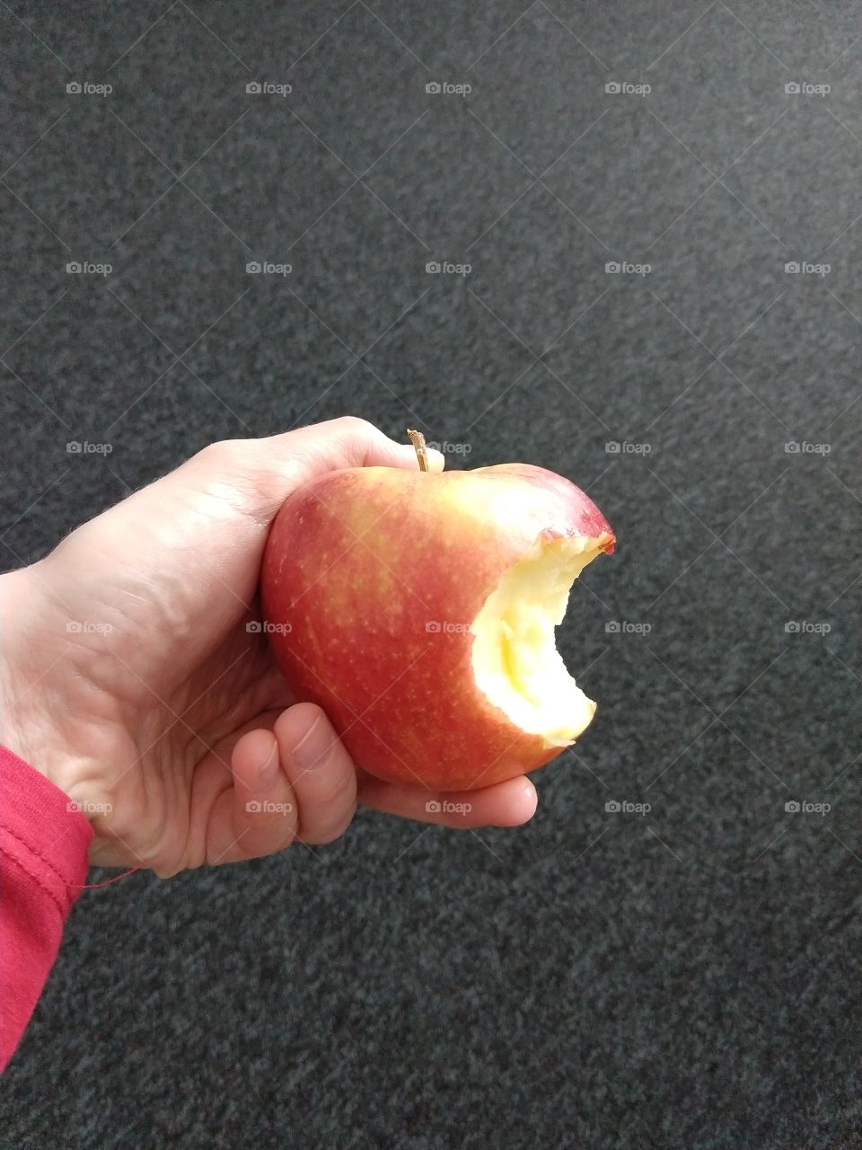 Hand holding an apple with a bit part. Slovakia