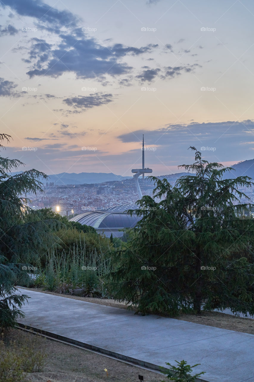 Palau Sant Jordi, Torre Calatrava y vista de la ciudad. Barcelona. 