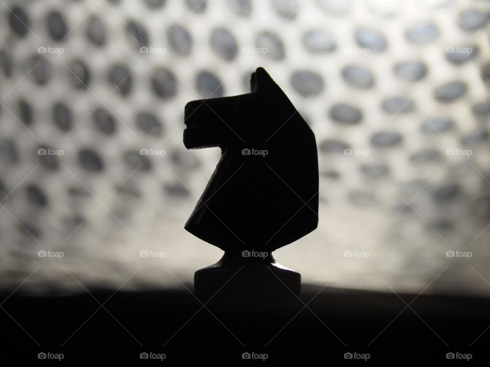 photo of chess horse with bubble wrap in black and white