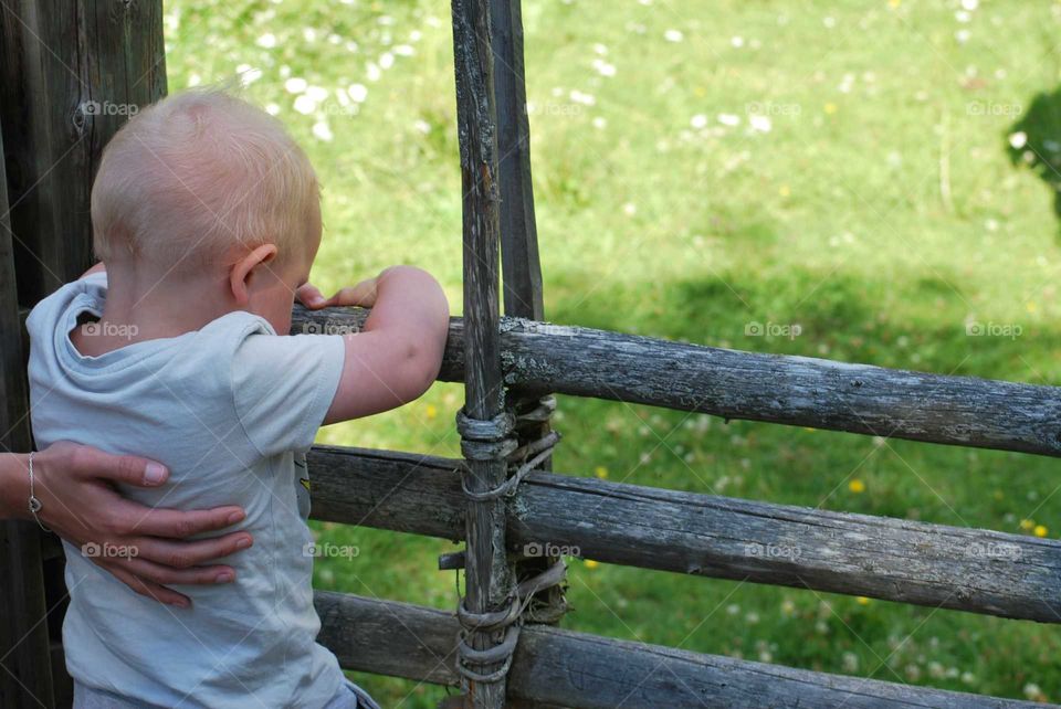 Boy standing by wooden fence