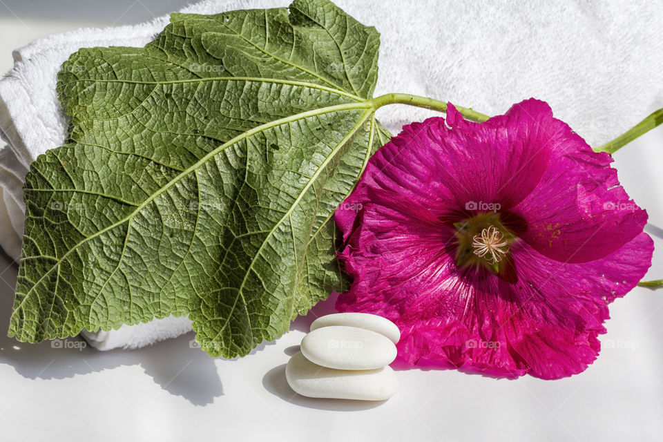 Three white stones on the background of a beautiful red flower and a white tower. Spa concept