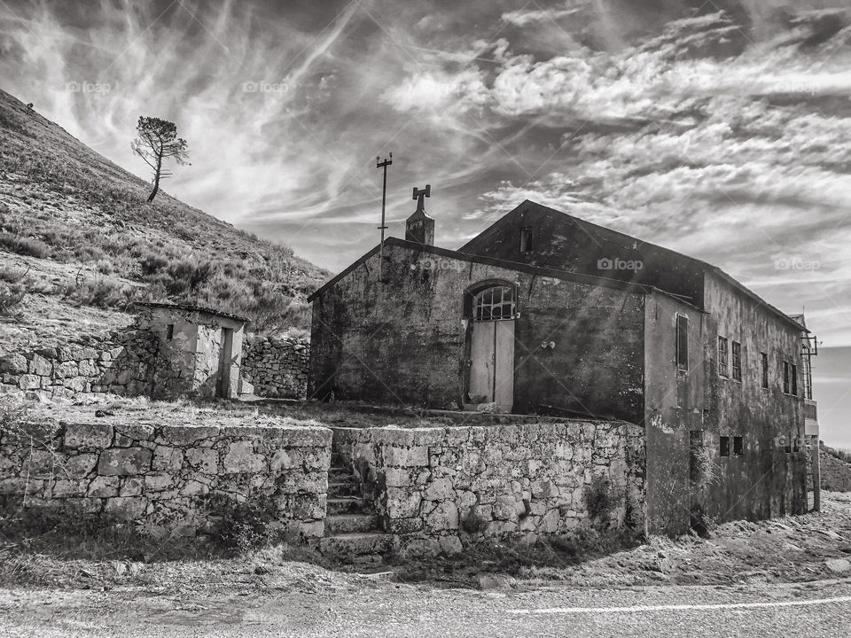 Mono image of the abandoned Vila Belo Horizonte ruins, Cortes do Meio, Portugal