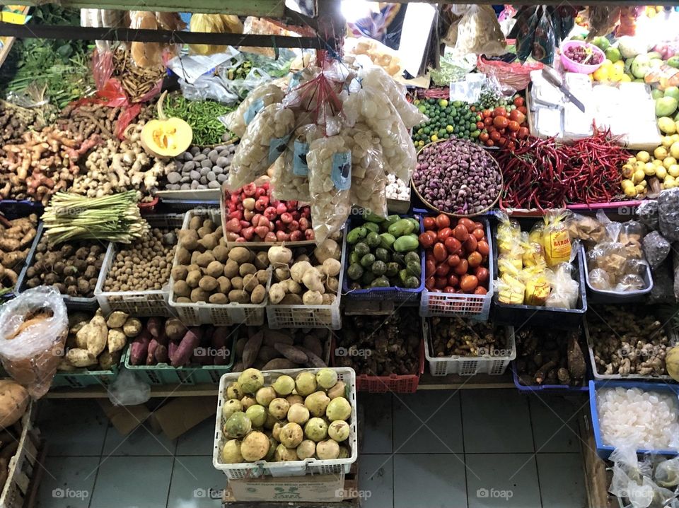 Raw vegetables and fruits in local market