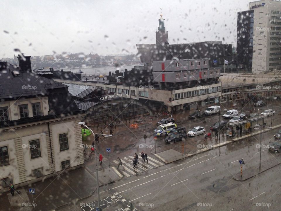 Stockholm centralstation with raindrops 