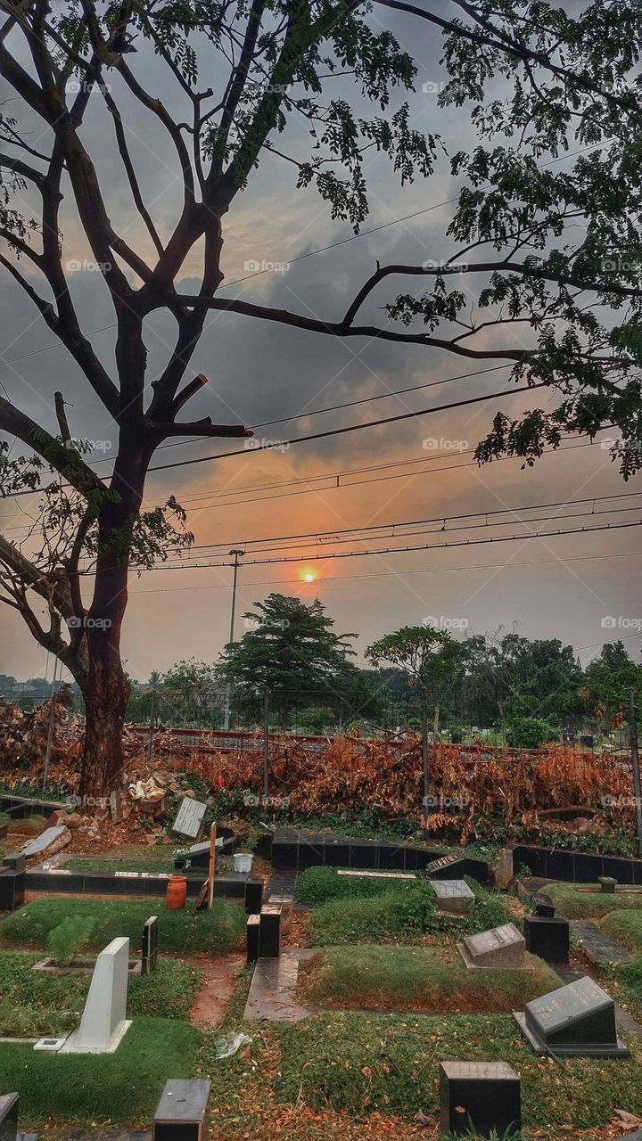 Solar eclipse over the cemetery sky