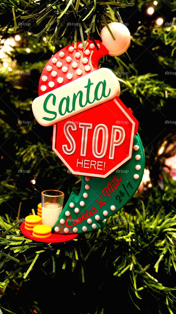 Stop sign on christmas tree
