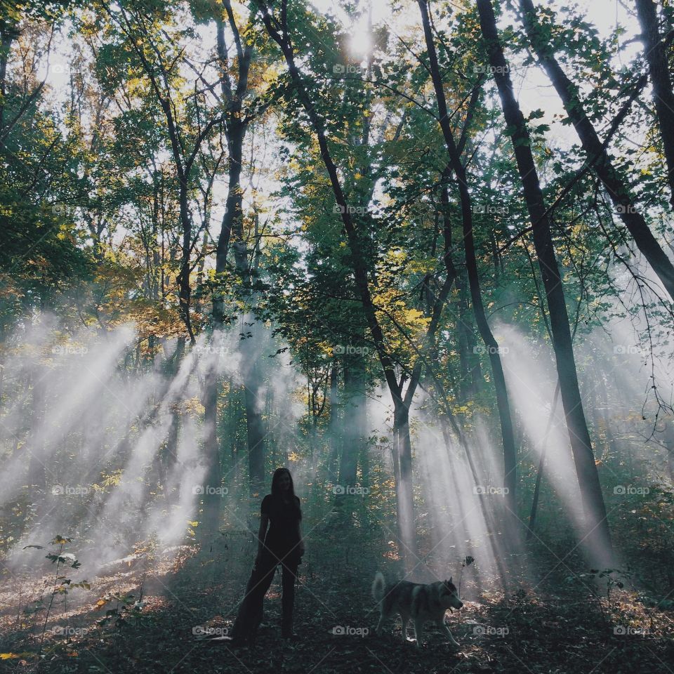 Girl with her dog in the forest 