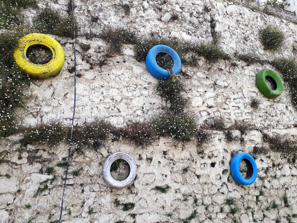 Wasted tyres on the wall used as flower pots, a little step towards better environment.