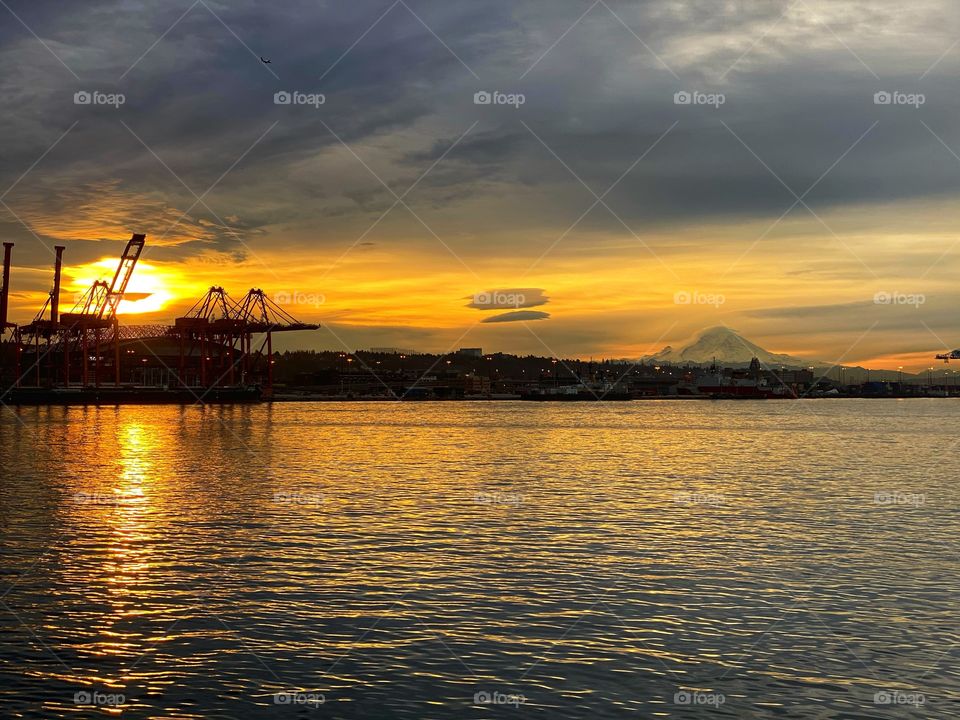 Seattle Waterfront Sunrise with Mt Rainier 