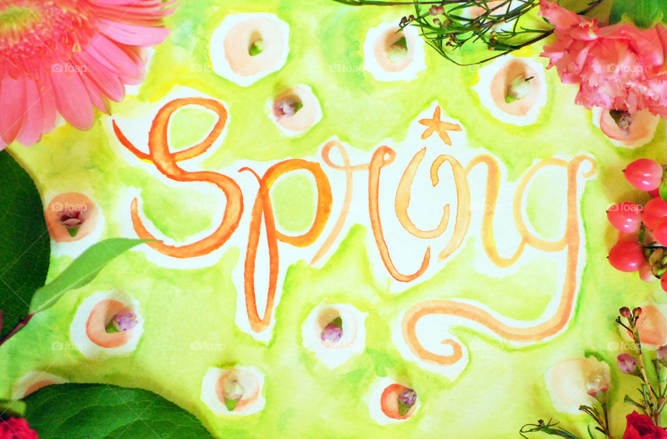 Spring, sign, flowers, watercolor, lettering, flat lay, bud