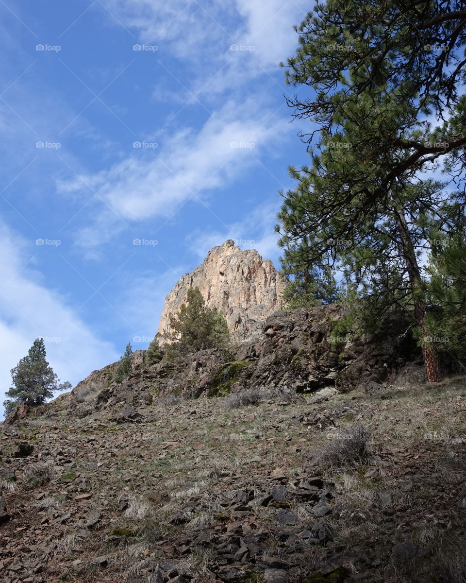 A jagged geological formation in Central Oregon shoots out of the ground and is lit by golden sunlight. 