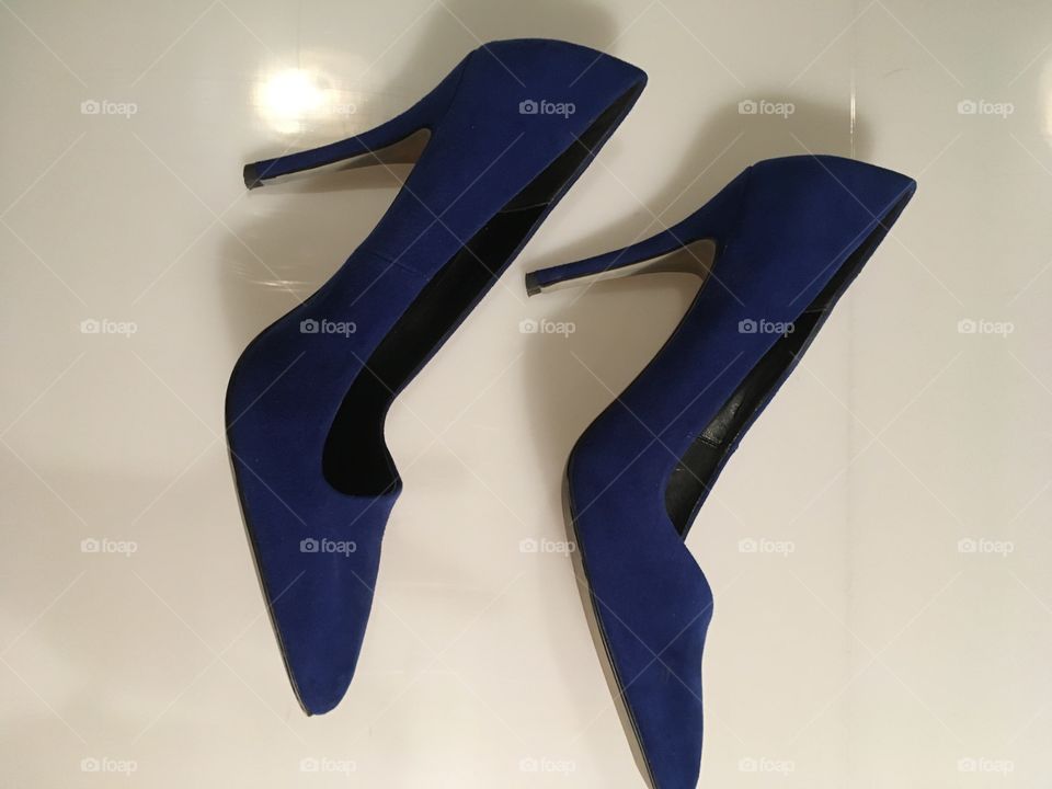 View of blue suede high heels