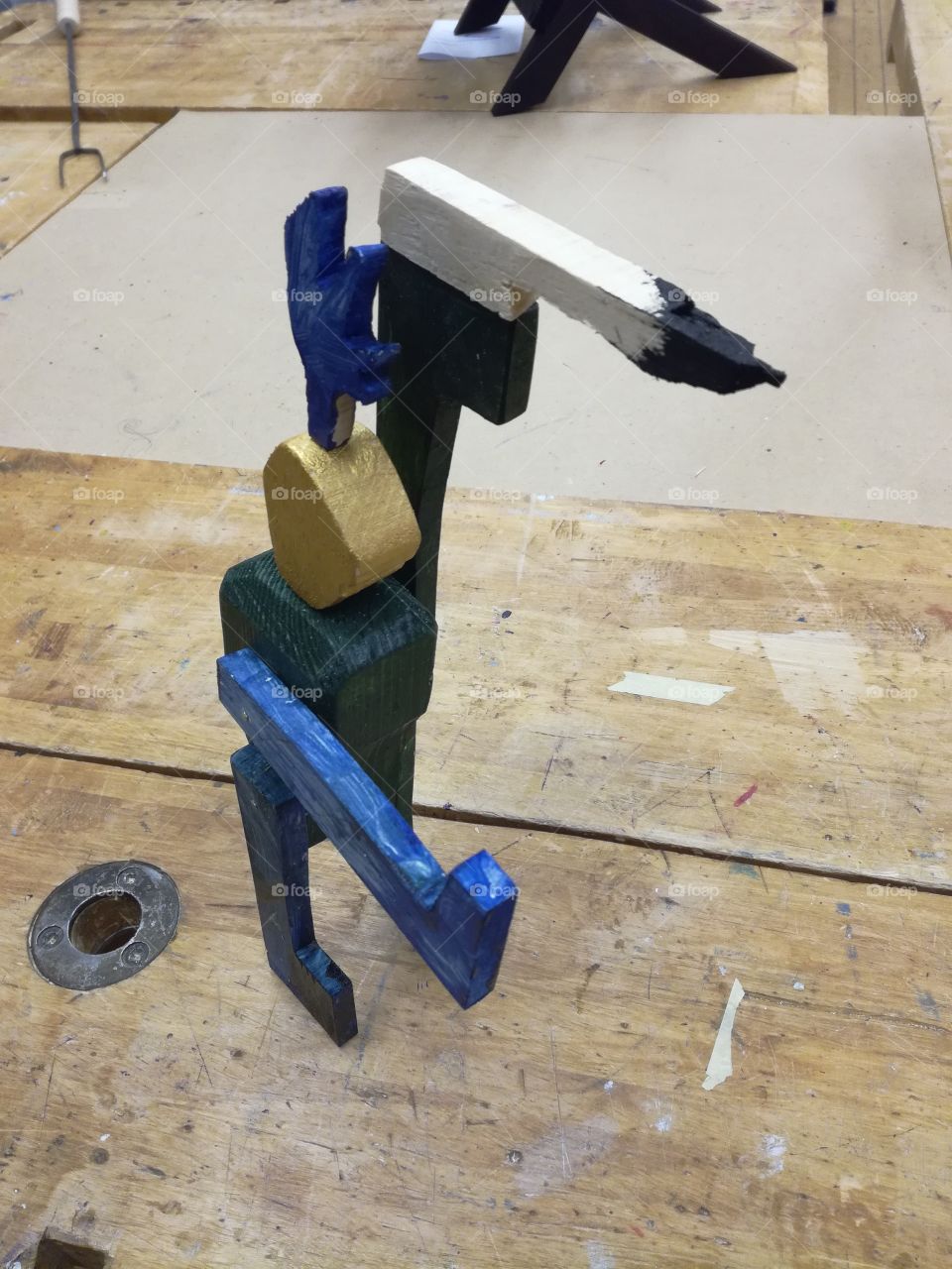 Artistic creation by kid. Wood workshop in school. Minecraft sculpture