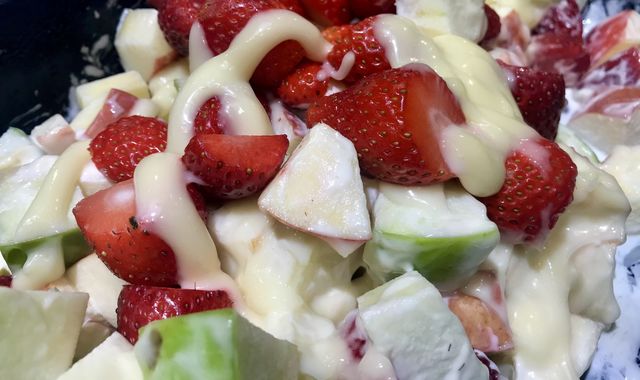 Mixed fruit salad with mayonnaise dressing 