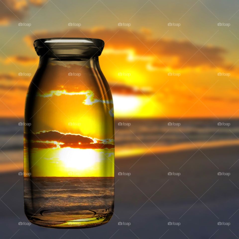Reflection on sunset on bottle