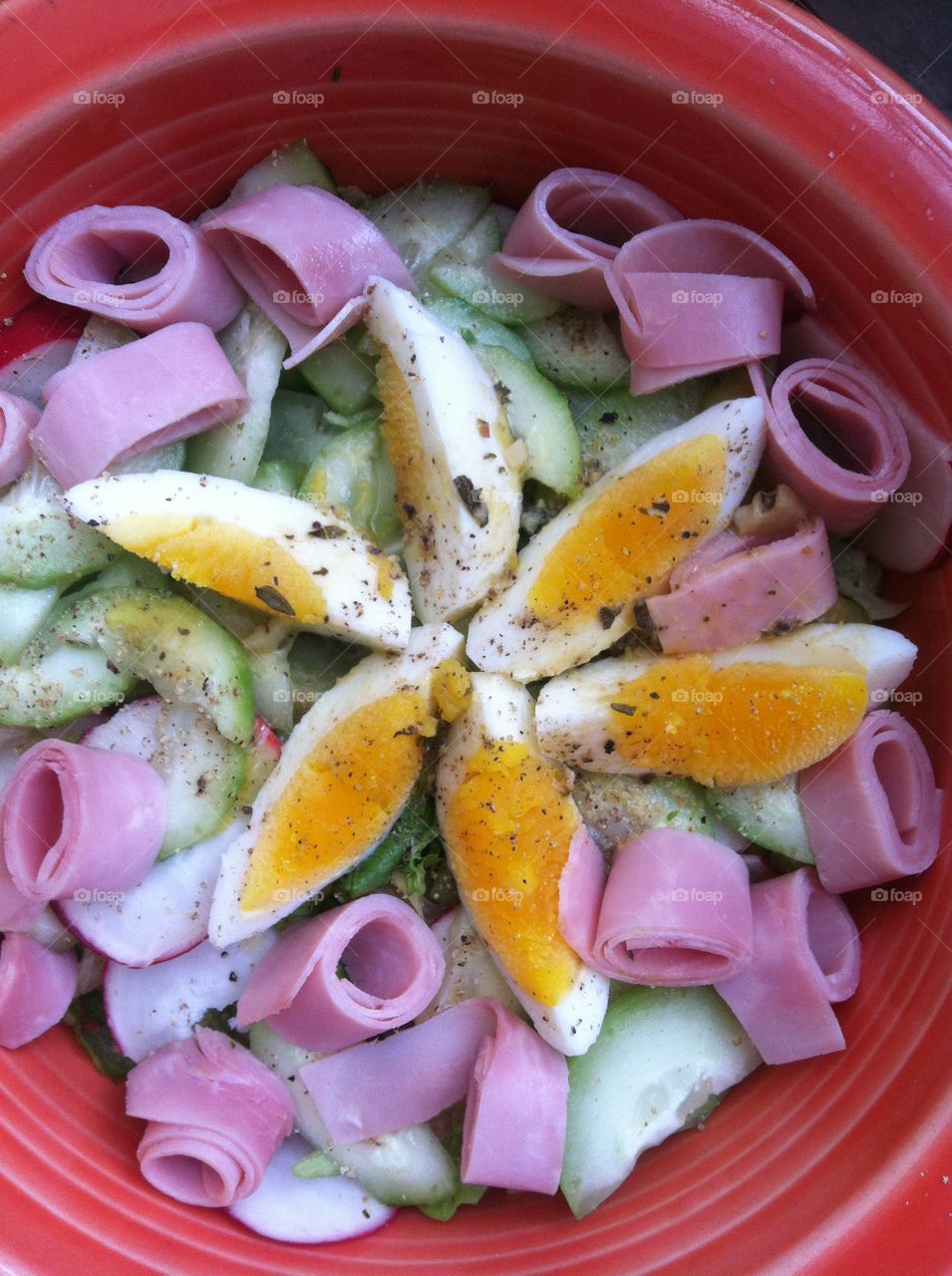 Egg slices and ham chef salad