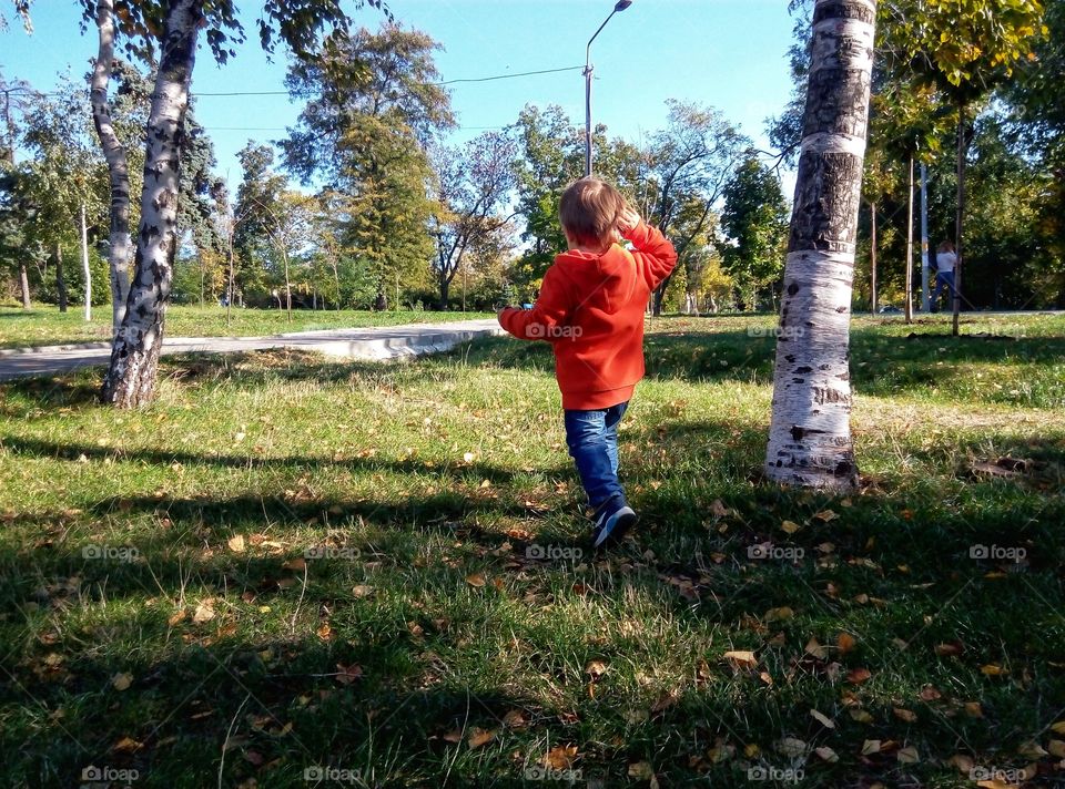 the kid walks in the park малыш гуляет по парку