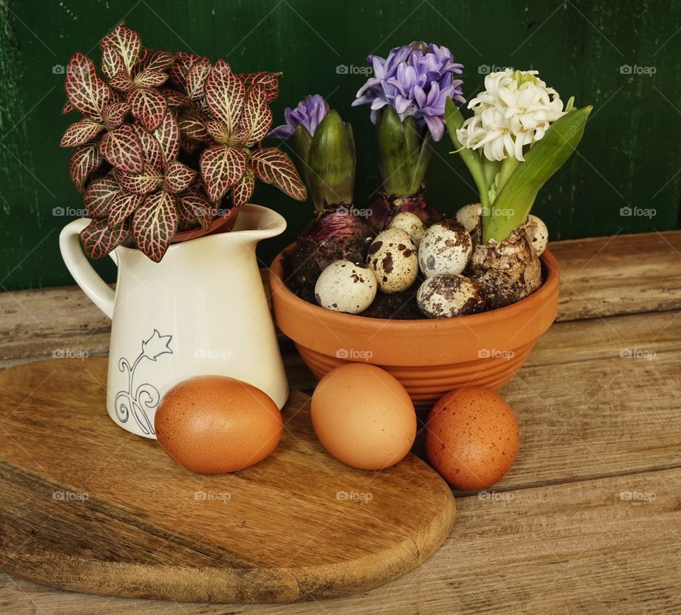 Hyacinth flowers eggs clay pot wood table spring easter close-up