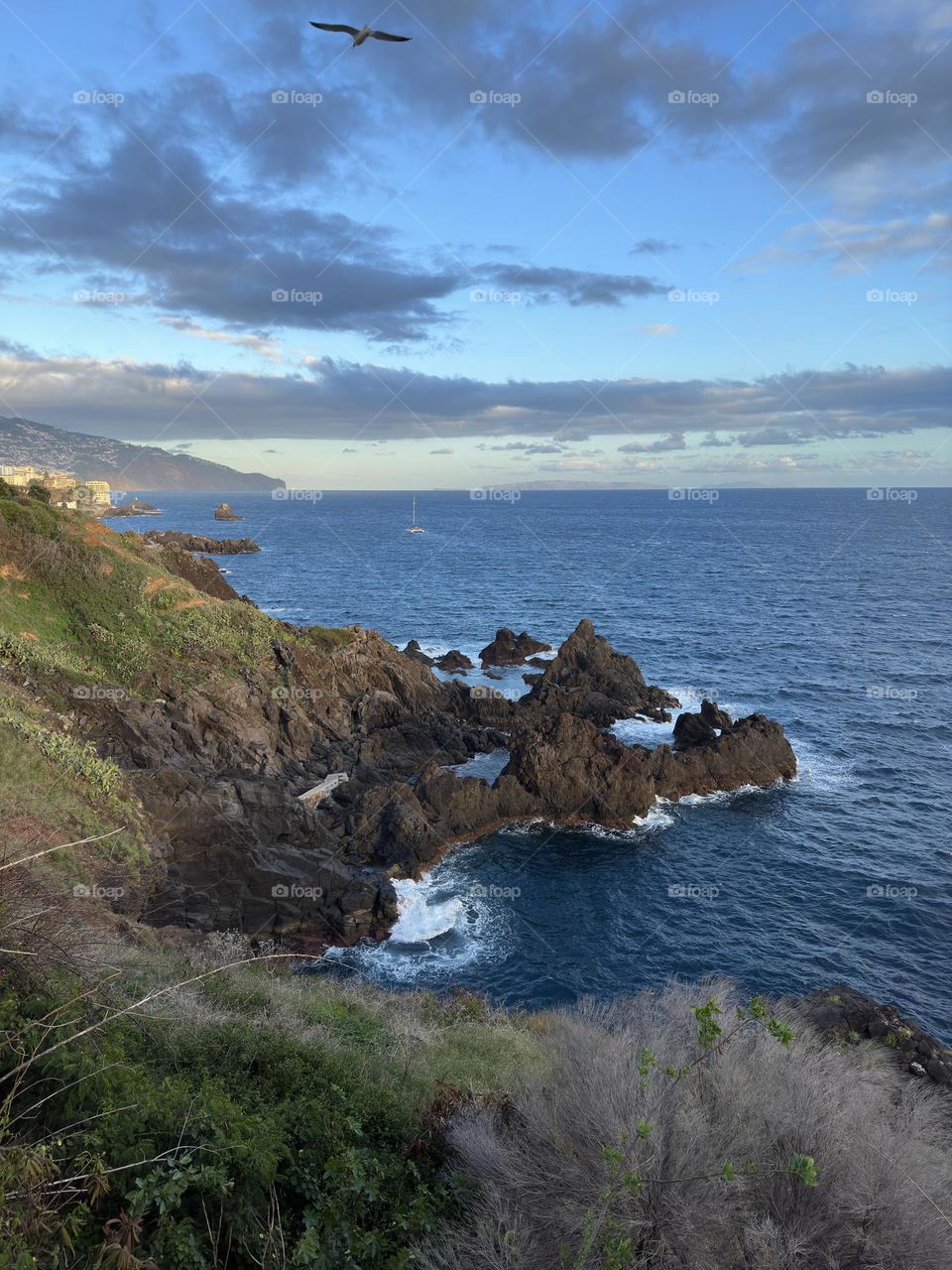 The rugged coastline with its green hills, black volcanic rocks and deep blue ocean