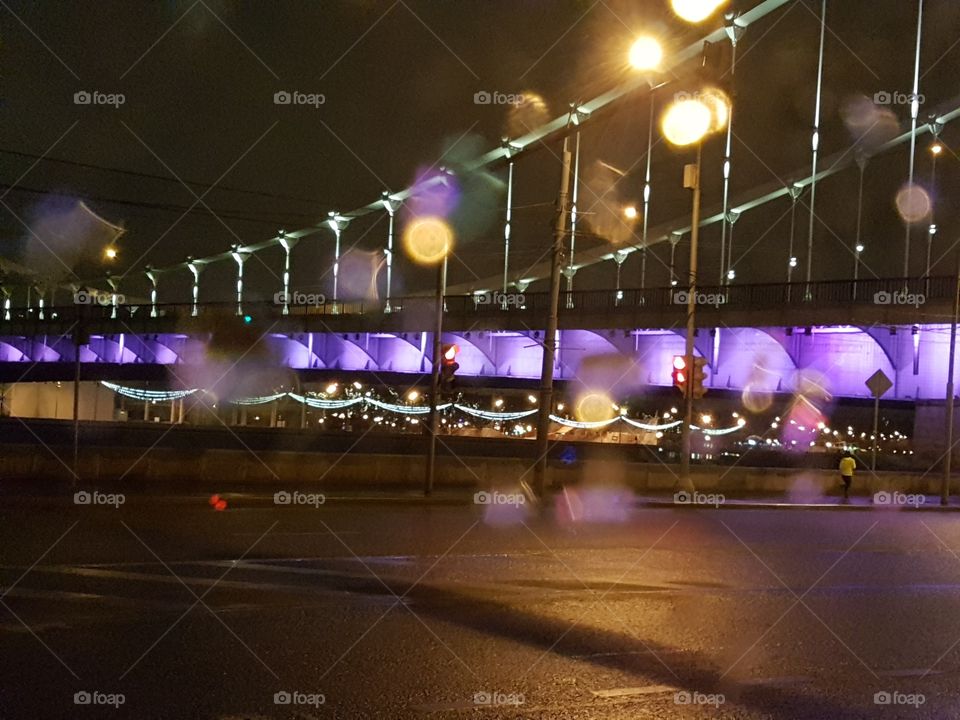 Berth, sunset, river,  Moscow, city, night city, Moscow does not sleep