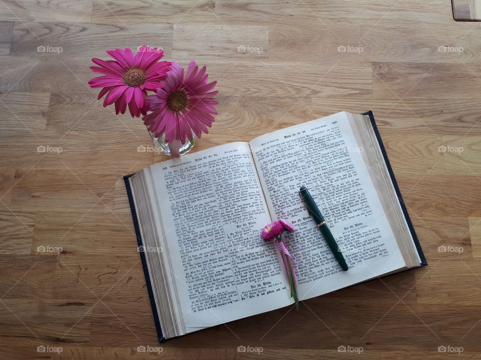 Stilleben mit Blumen und Bibel