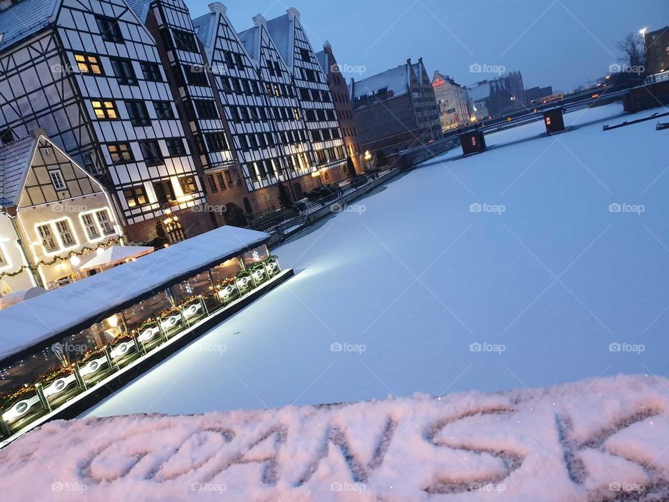 Gdansk old city at snowing winter.