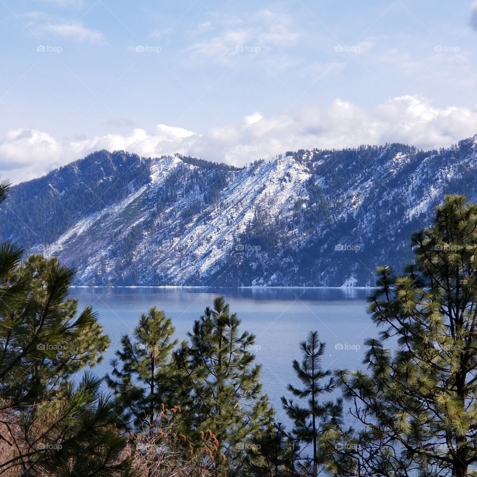 view of lake and mountain ridge over tops of trees