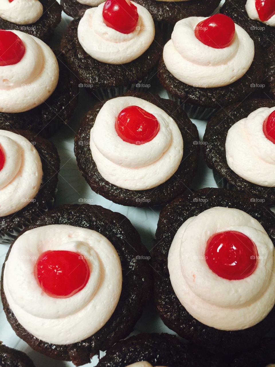 Chocolate cupcakes with a maraschino cherry icing 