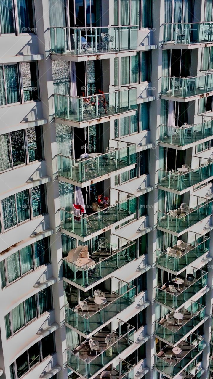 Capturing a portion of the resort balcony..Cool architecture all made if glass..Mondrian resort hotel South Beach