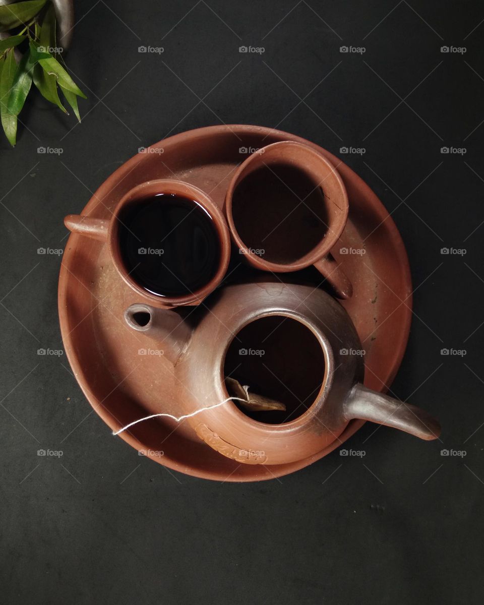 top view of earthenware teaset