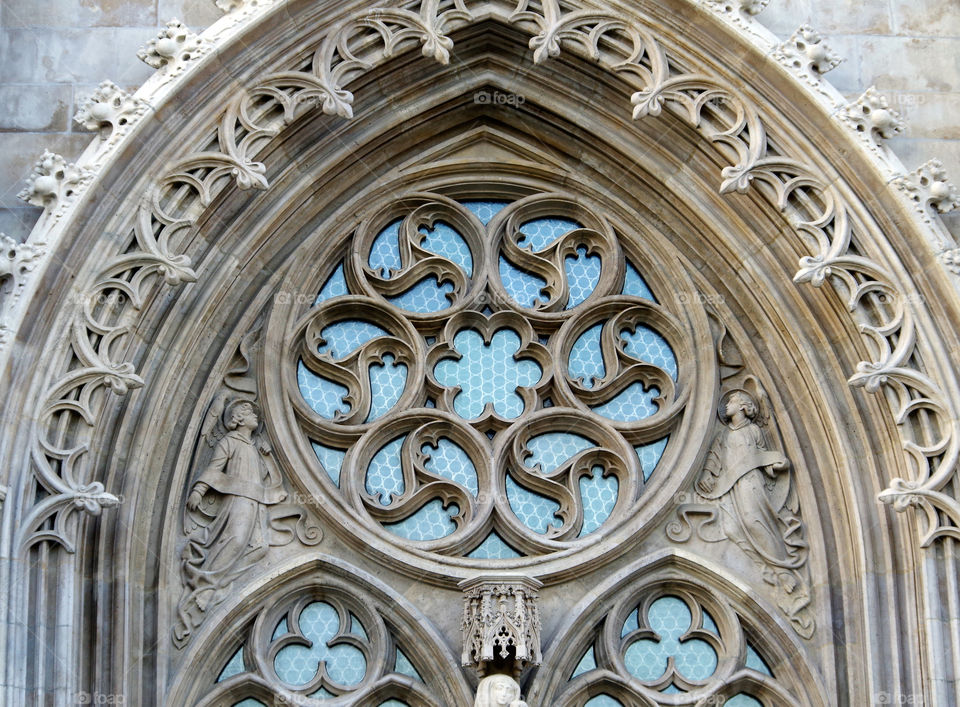 Low angle view of rose window in Budapest, Hungary.