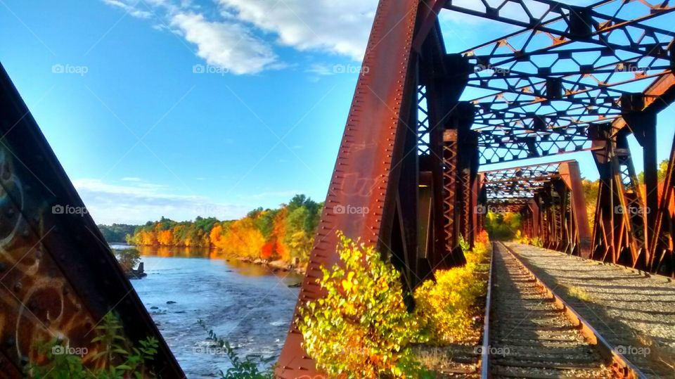 fall foliage from bridge. Gorgeous yellows, red, and orange line the river and the old railroad bridge itself. Early morn sun lights it all up!