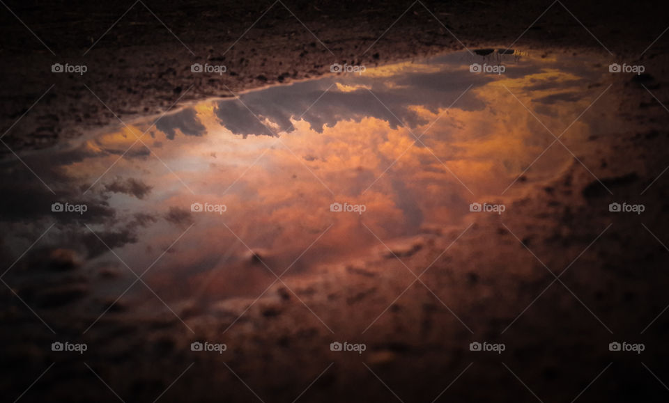 Beautiful sunset reflecting in a puddle created by a recent storm.