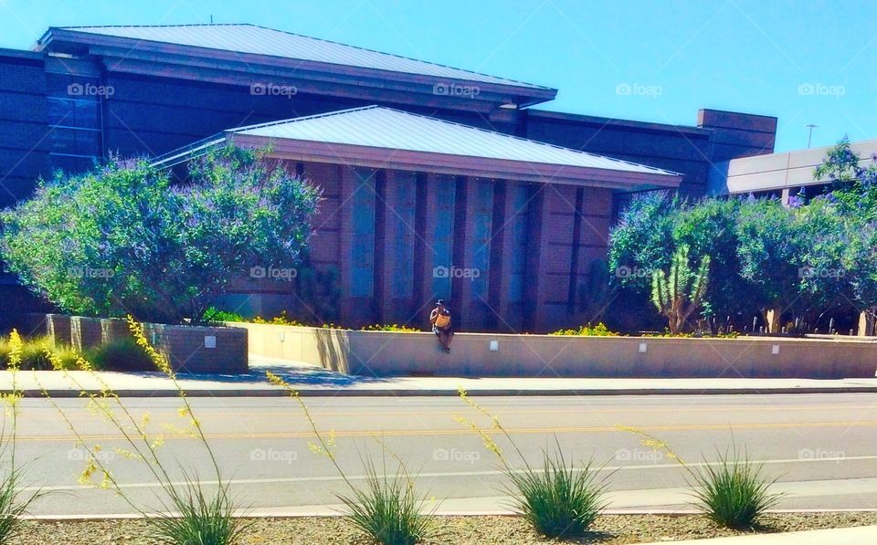 Student sitting in front of university building