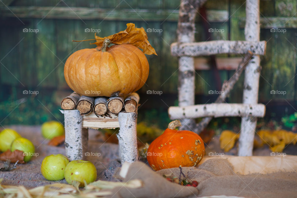 Pumpkin on a wooden chair.