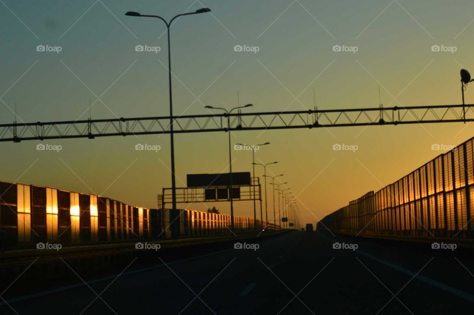 Golden hour during sunrise  on the expressway in Poland