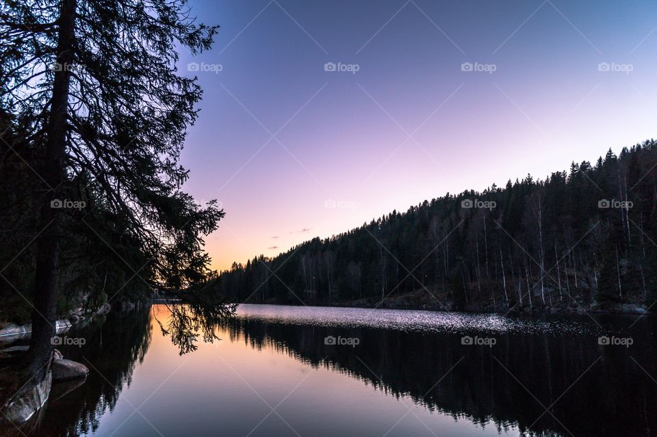 Reflection of trees and sky at elvaga lake, norway