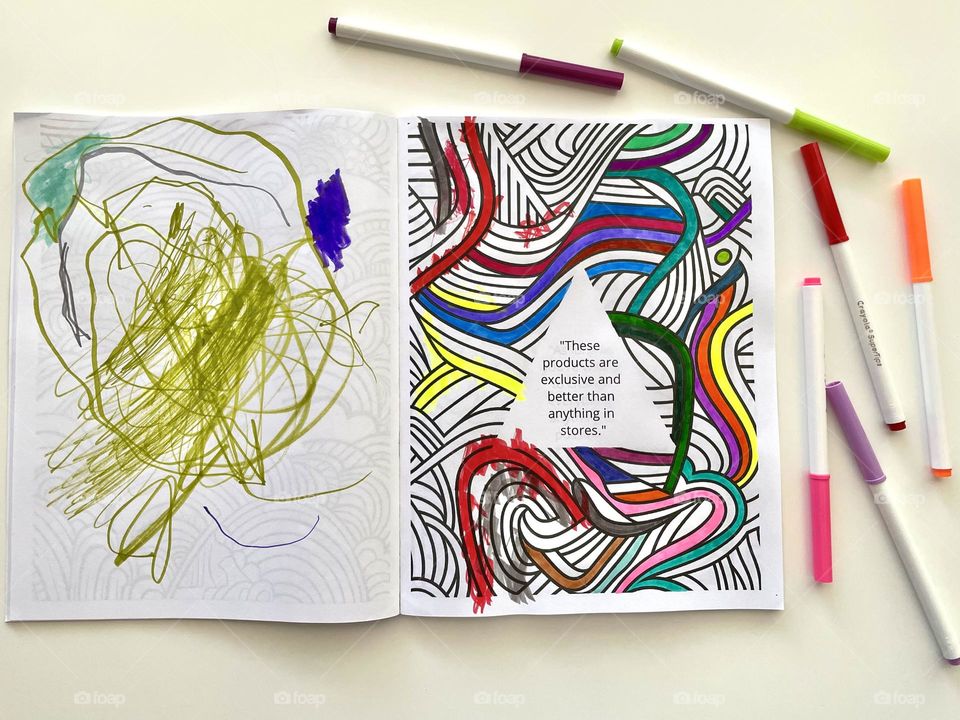 View of a an adult coloring book, view of an art space, creating art with toddlers, crafting with toddlers, relaxing with art