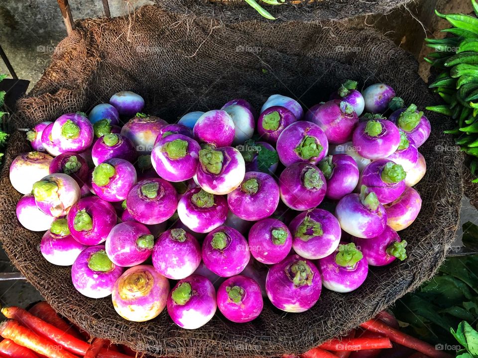 Farm fresh organic turnips are for sale at the farmer’s market! 