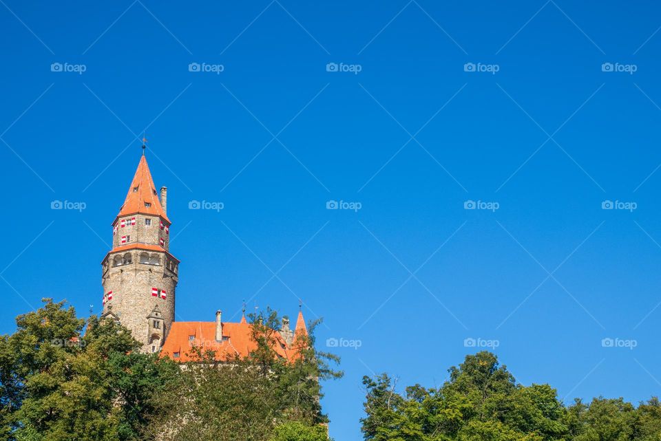 The famous Czech castle Bouzov with a typical roof and shutters.